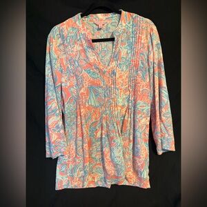 Lilly Pulitzer Coral & Aqua Floral V-Neck Tunic Top